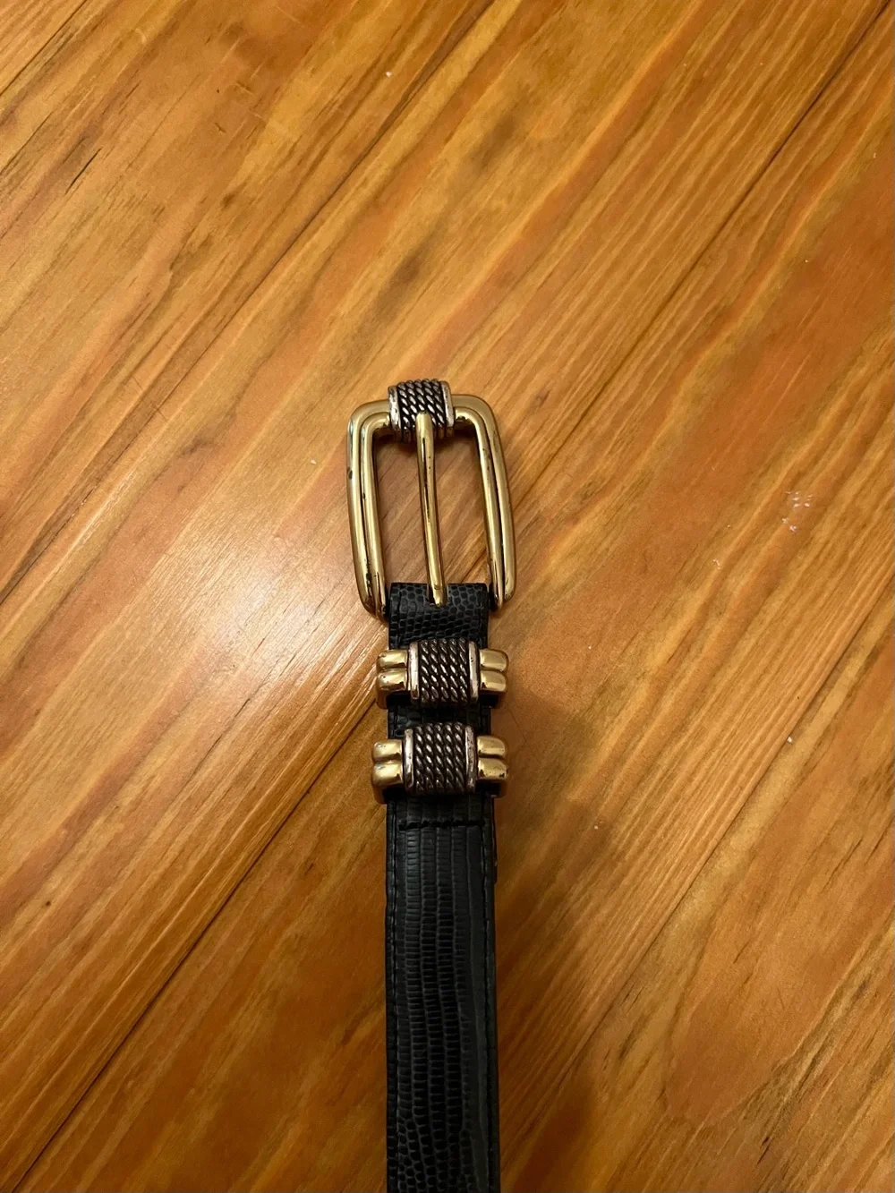 Women’s Brighton Vintage Blue Lizard Print Leather Belt Silver/Gold Metal Sz 34